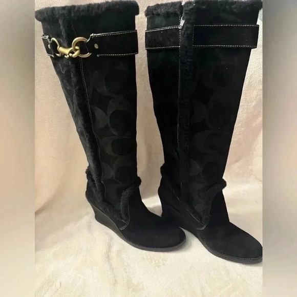 COACH BLACK WEDGE KNEE HIGH BOOTS Jonie Q122 NWOT Women’s Size 8.5M - Picture 1 of 12